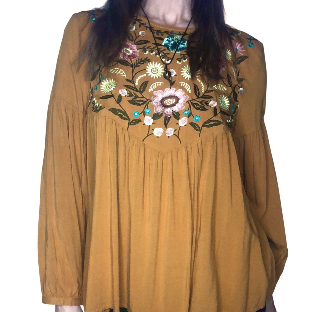 Jodifl Embroidered Floral Peasant Top Blouse Sz M Cottagecore Boho Casual Woodsy